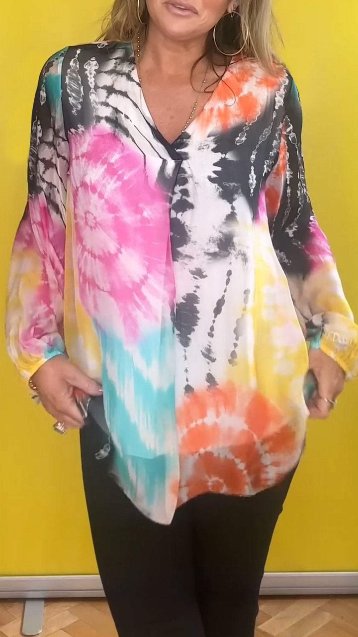 Camisa casual de manga larga con estampado Tie-Dye de talla grande para mujer