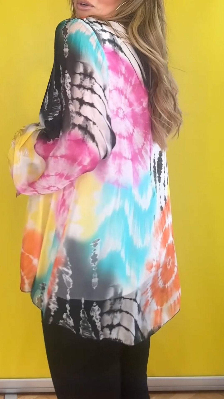 Camisa casual de manga larga con estampado Tie-Dye de talla grande para mujer