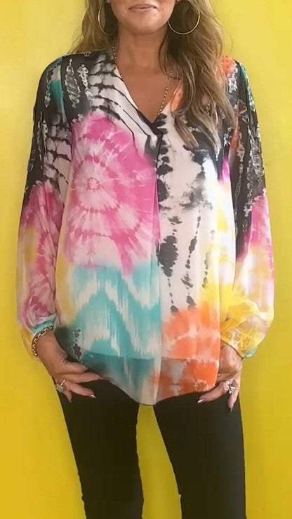 Camisa casual de manga larga con estampado Tie-Dye de talla grande para mujer